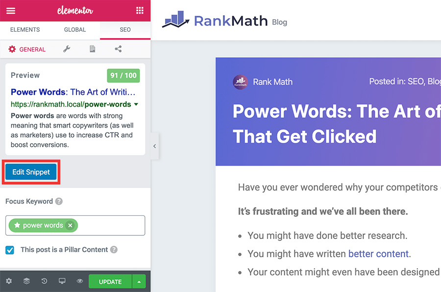 Elementor Edit SEO Snippet