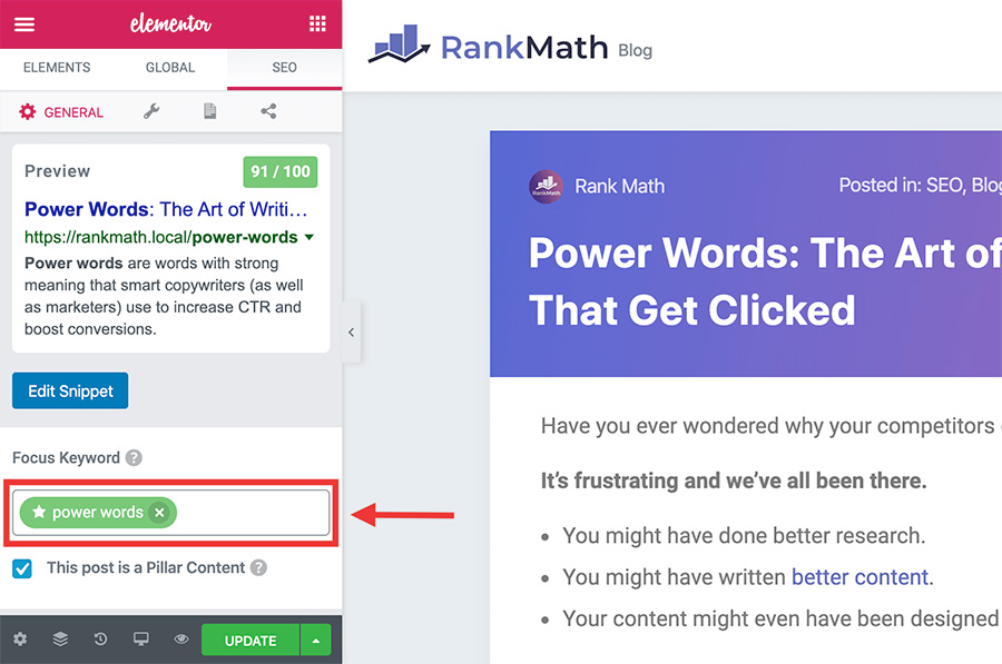Elementor SEO Focus Keyword